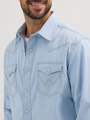 Men's Wrangler Retro Premium Western Snap Solid Shirt in Ice Blue alternative view 3