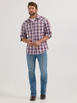 Men's Wrangler Retro® Premium Long Sleeve Western Snap Plaid Shirt in Red Ombre Plaid alternative view