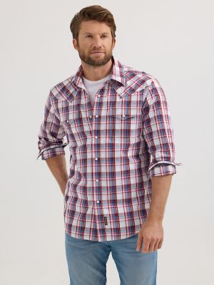 Men's Wrangler Retro® Premium Long Sleeve Western Snap Plaid Shirt in Red Ombre Plaid