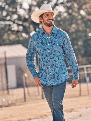 古着 70s USA製 Wrangler 開襟 ブルー デニム ウエスタン シャツ