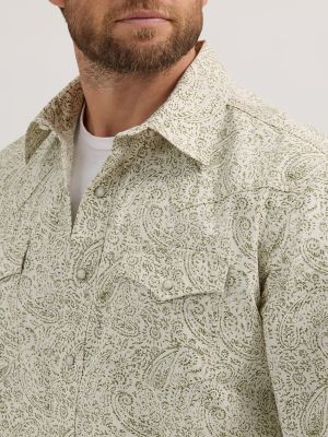 Men's Wrangler® Retro® Premium Long Sleeve Western Snap Printed Shirt in Olive Paisley