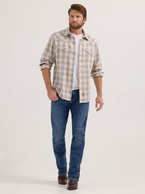 Men's Wrangler Retro® Premium Long Sleeve Western Snap Plaid Shirt in Sandy Blue alternative view