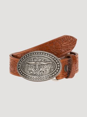 Wrangler Kids' Boy's Longhorn Buckle Emboss Belt In Cognac In Brown