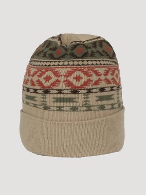 Mens Southwest Print Beanie:Tan/Green:One Size: alternative view