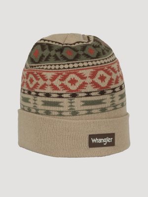 Mens Southwest Print Beanie:Tan/Green:One Size: main view