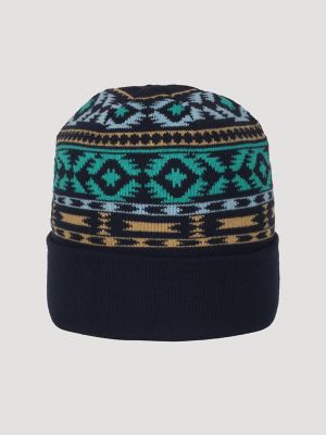 Mens Southwest Print Beanie:Navy/Teal:One Size: alternative view