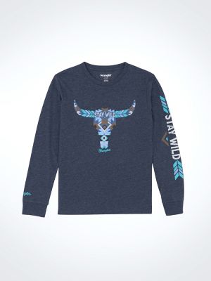 Boy's Long Sleeve Western Graphic T-Shirt in Dark Sapphire main view