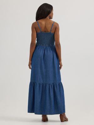 Women's Smocked Bodice Denim Maxi Dress