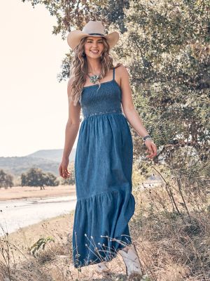 Women's Smocked Bodice Denim Maxi Dress