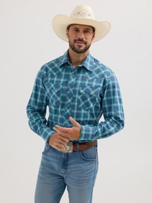 Men's Wrangler Retro® Long Sleeve Sawtooth Snap Pocket Western Shirt in Contrast Turquoise