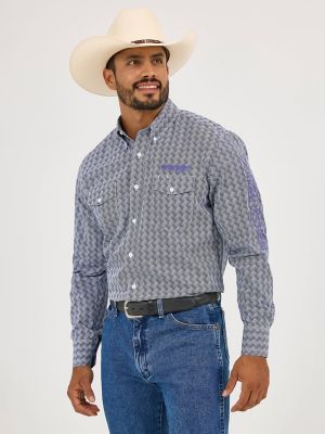 Men's Wrangler® Logo Long Sleeve Button-Down Print Shirt in Navy Orchid main view