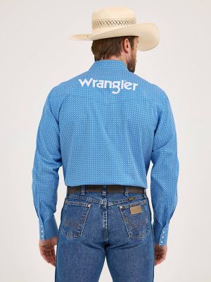 Men's Wrangler® Logo Long Sleeve Western Snap Print Shirt in Cerulean