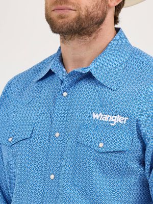 Men's Wrangler® Logo Long Sleeve Western Snap Print Shirt in Cerulean