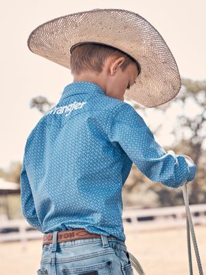 Boy's Wrangler® Logo Long Sleeve Western Snap Shirt in Cerulean alternative view
