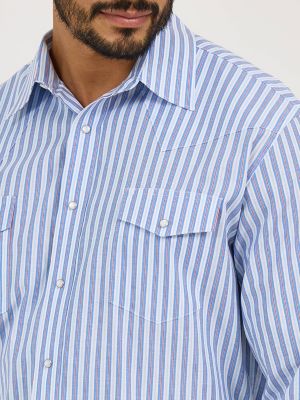 Men's Wrinkle Resist Long Sleeve Western Snap Stripe Shirt in Bold Blues