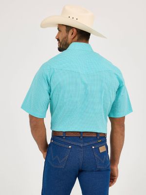 Men's Wrinkle Resist Short Sleeve Western Snap Plaid Shirt in Bright Turquoise alternative view