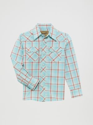 Boy's Wrangler Retro® Western Snap Plaid Shirt with Front Sawtooth Pockets in Icy Sea