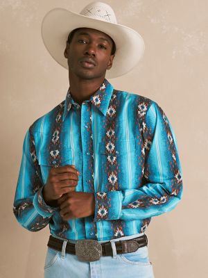 Men's Checotah® Long Sleeve Western Snap Printed Shirt in Sea Salt Blue