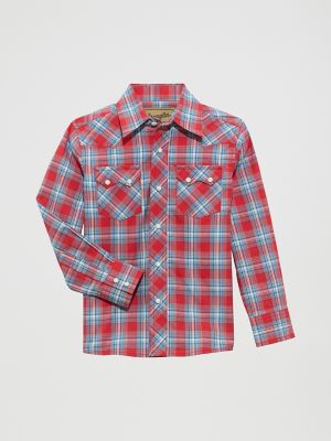 Boy's Wrangler Retro® Western Snap Plaid Shirt with Front Sawtooth Pockets in Cherry Red