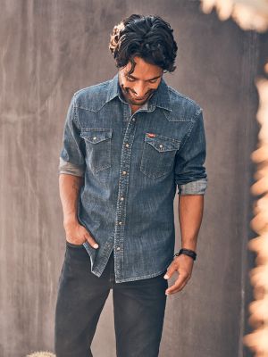 Men's Denim Western Snap Shirt in Dark Wash