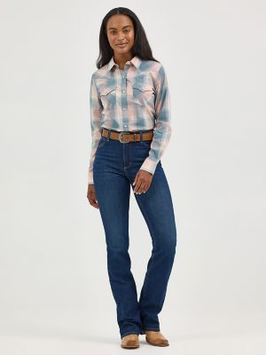Women's Essential Long Sleeve Plaid Western Snap Top in Dusty Pink
