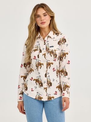 Women's Wrangler Bold Bucking Cowboy Western Snap Shirt in Cowboy/Cream