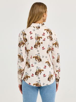 Women's Wrangler Bold Bucking Cowboy Western Snap Shirt in Cowboy/Cream