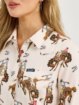 Women's Wrangler Bold Bucking Cowboy Western Snap Shirt in Cowboy/Cream alternative view 5