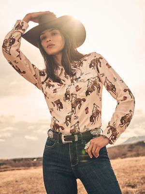 Women's Wrangler Bold Bucking Cowboy Western Snap Shirt