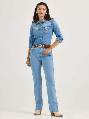 Women's Wrangler Denim Cowboy Snap Shirt in Blue Denim