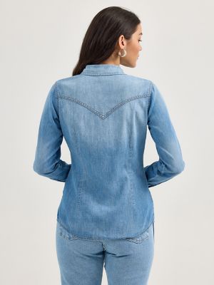 Women's Wrangler Denim Cowboy Snap Shirt in Blue Denim