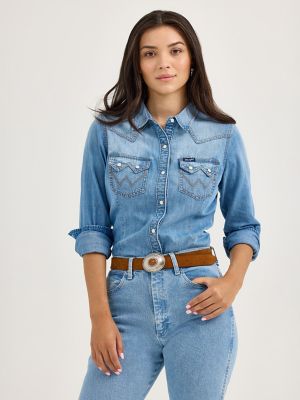 Women's Wrangler Denim Cowboy Snap Shirt in Blue Denim