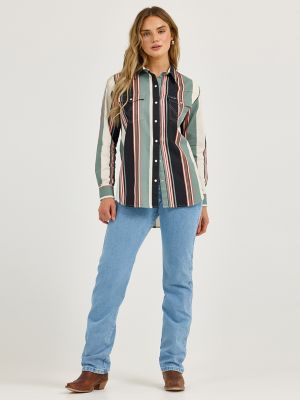 Women's Wrangler Brushpopper Boyfriend Western Snap Shirt in Black Stripe