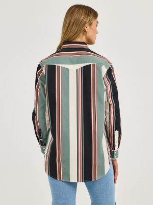 Women's Wrangler Brushpopper Boyfriend Western Snap Shirt in Black Stripe