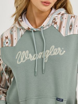 Ruru♔ Women's Wrangler Logo Southwestern Yoke Pullover Hoodie