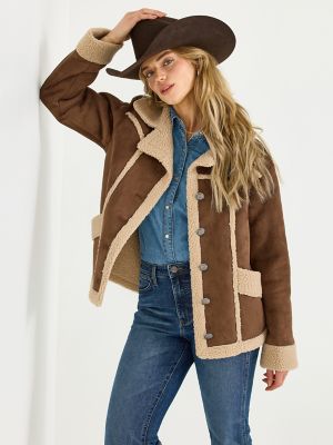 Women's Wrangler Faux Shearling Barn Coat in Brown