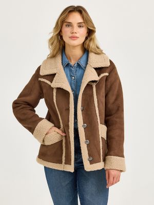 Women's Wrangler Faux Shearling Barn Coat in Brown alternative view 4