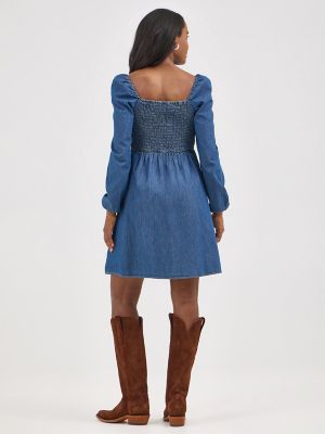 Women's Smocked Bodice A-Line Dress in Dark Denim alternative view 2