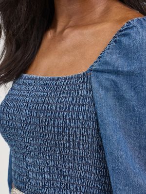 Women's Smocked Bodice A-Line Dress in Dark Denim alternative view 4