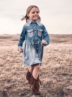 Little Girl's Denim Western Snap Dress in Mid Denim