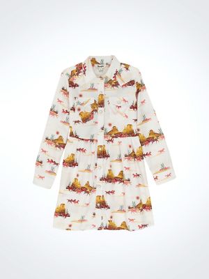Girl's Long Sleeve Printed Western Snap Dress in Mesa White