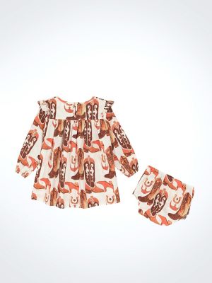 Little Girl's Western Print Trapeze Dress in Pink Boots