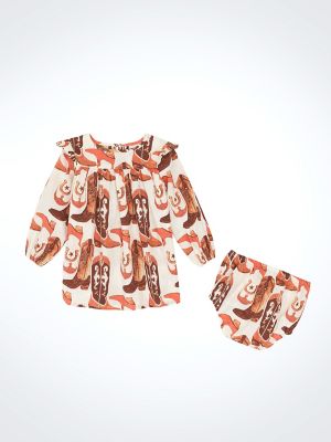 Little Girl's Western Print Trapeze Dress in Pink Boots