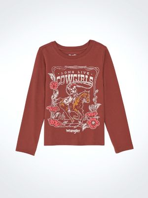 Girl's Long Sleeve Western Graphic Tee in Burgundy Rodeo