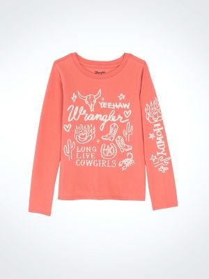 Girl's Long Sleeve Western Graphic Tee in Coral main view