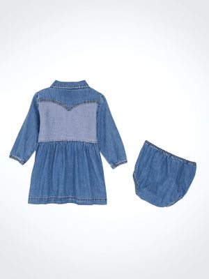 Little Girl's Denim Western Snap Dress in Mid Denim
