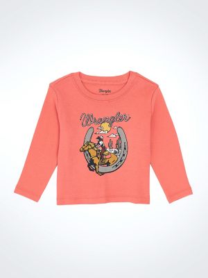 Little Girl's Western Graphic Long Sleeve Tee in Coral