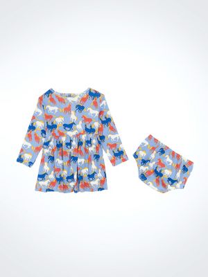 Little Girl's Long Sleeve Horse Print Dress in Blue
