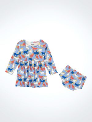 Little Girl's Long Sleeve Horse Print Dress in Blue