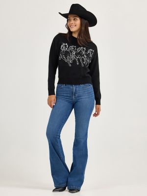 Women's Wrangler Horse Instarsia Crew Neck Sweater in Black